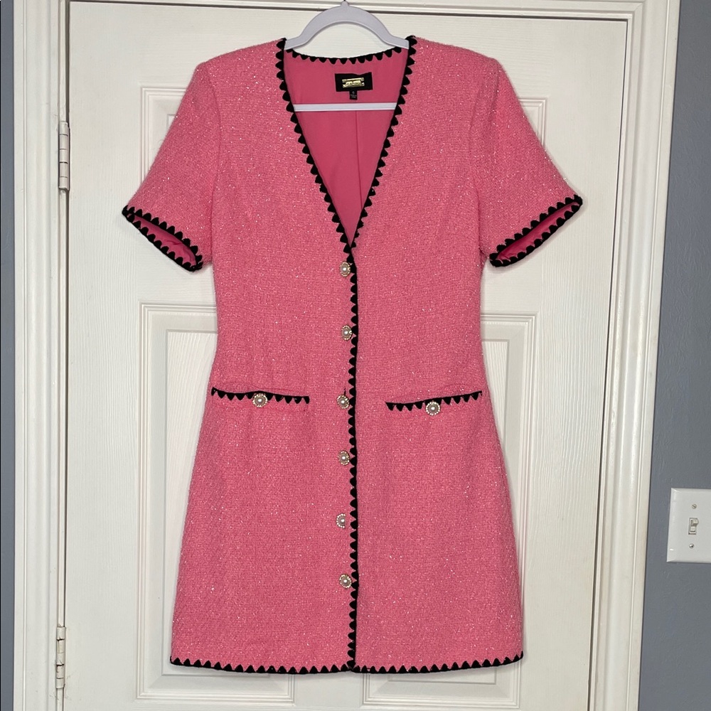 Alexia Admor Pink Short-Sleeve Tweed Dress with Black Trim Metallic Detail Sz 6